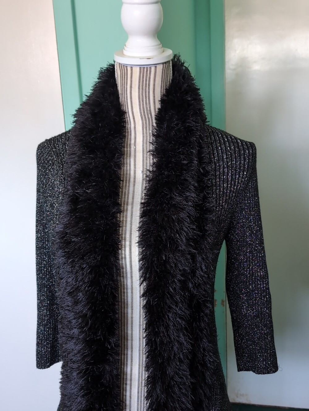 Black Faux Fur-Trim Sparkle Knit Cardigan - Women